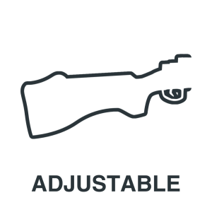 Outline of a rifle stock with the word "ADJUSTABLE" below, indicating that the stock can be adjusted.