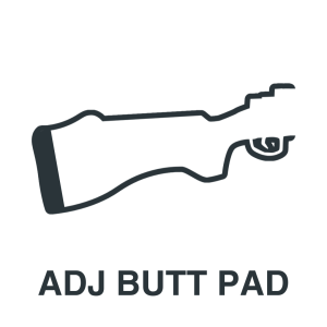 Black and white icon of a rifle stock with a thick adjustable butt pad, accompanied by the label "ADJ BUTT PAD" below the image.
