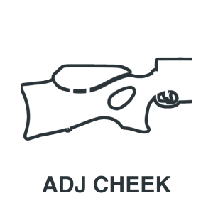 Line drawing of a rifle stock with an adjustable cheek rest and thumbhole, labeled "ADJ CHEEK" at the bottom.