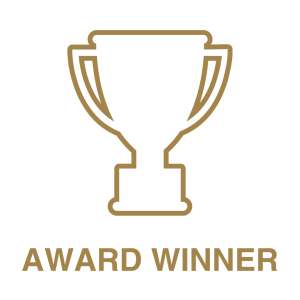 Simple line drawing of a trophy above the words "AWARD WINNER" in capital letters on a white background.