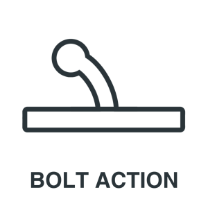 Simple black line icon of a bolt action mechanism, with the words "BOLT ACTION" written below in bold uppercase letters.