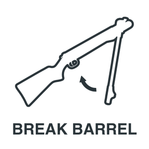 Line drawing of a break barrel air rifle with the barrel tilted downward and an arrow showing the breaking action. Text below reads "BREAK BARREL.