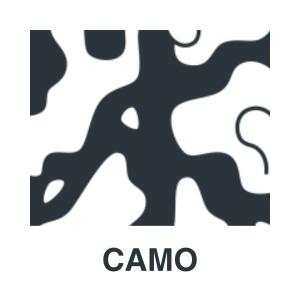 Abstract black and white camouflage pattern with the word "CAMO" in bold capital letters below the design.
