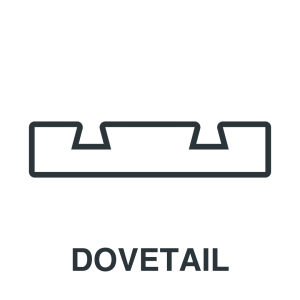 A simple black outline of a dovetail joint profile with the word "DOVETAIL" written below it.