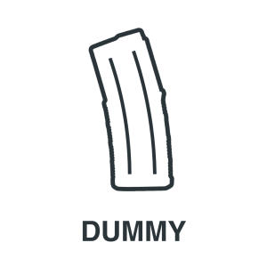 A simple black outline illustration of a rifle magazine above the word "DUMMY" in bold capital letters on a white background.
