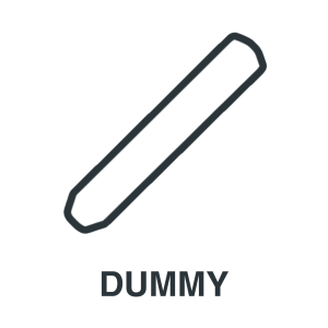 Simple black outline of a diagonal, elongated hexagonal shape above the word “DUMMY” in bold capital letters on a white background.