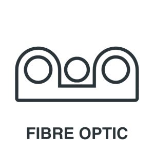 Black outline of three circles inside a rounded rectangle above the words "FIBRE OPTIC" in bold capital letters on a white background.