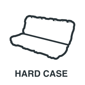 A simple line drawing of an open hard case, shown above the bold text "HARD CASE.