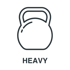 Simple line drawing of a kettlebell with the word "HEAVY" written below it.