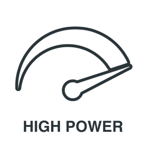 A gauge with a needle pointing to the maximum, indicating high power. The text "HIGH POWER" is written below the gauge.