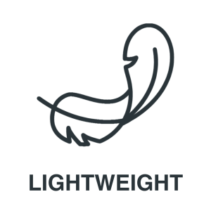 Outline drawing of a feather above the word "LIGHTWEIGHT" in bold, capital letters, symbolizing something that is light in weight.