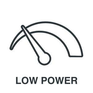 Gauge icon with needle pointing to the left, indicating low power, with the words "LOW POWER" written below.