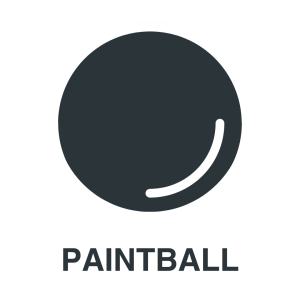 A simple black circle with a curved white line, representing a paintball, above the word "PAINTBALL" in bold capital letters.