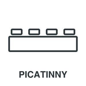 Simple icon of a Picatinny rail, depicted as a horizontal bar with four rectangular slots on top, with the text "PICATINNY" below.