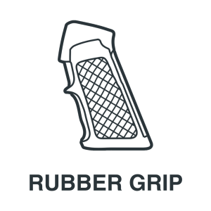 Line drawing of a textured rubber grip handle, with the words "RUBBER GRIP" in bold capital letters below the image.
