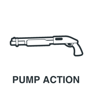 Simple black and white illustration of a pump action shotgun with the words "PUMP ACTION" in bold capital letters below.