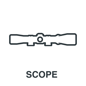 A simple black outline icon of a rifle scope is centered above the word "SCOPE" in bold capital letters on a white background.