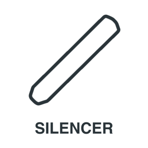 Simple line drawing of a silencer, displayed diagonally, with the word "SILENCER" written in bold capital letters underneath.