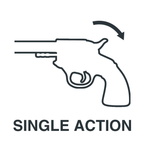 Line drawing of a revolver with its hammer being pulled back and an arrow indicating motion, labeled "SINGLE ACTION" below the image.