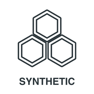 Three connected hexagonal chemical structures above the word "SYNTHETIC" in bold, black capital letters on a white background.