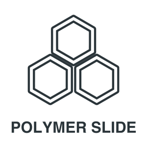 Three hexagonal chemical structure icons arranged in a triangle above the text "POLYMER SLIDE" in bold, all-caps font.