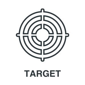 Black and white line illustration of a circular target with concentric rings and crosshairs, with the word "TARGET" written below.