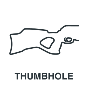 Outline of a rifle stock with a thumbhole grip, labeled "THUMBHOLE" in bold text below.