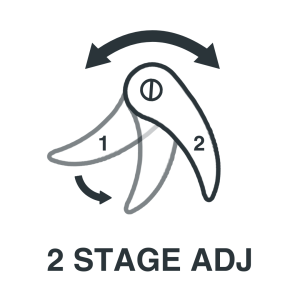 Diagram showing two positions of a lever, labeled 1 and 2, with arrows indicating adjustable movement; text reads "2 STAGE ADJ.