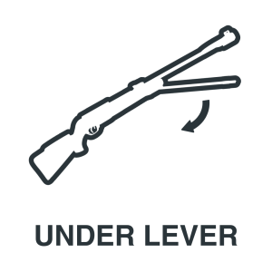 Simple line drawing of a rifle with its under lever open and an arrow indicating downward movement, labeled "UNDER LEVER" below.