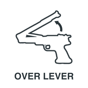 Line drawing of a pistol with its top portion lifted open, showing the over lever action, accompanied by the text "OVER LEVER" below.