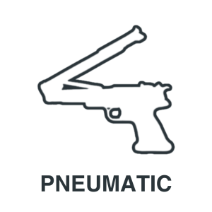 Line drawing of a pneumatic nail gun, shown in profile with "PNEUMATIC" written below in bold capital letters.