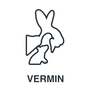 Outline drawings of a rabbit, pigeon, and rat overlap above the word "VERMIN" in bold capital letters, all set against a white background.