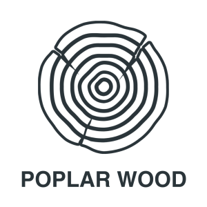Black and white illustration of a tree log cross-section showing growth rings, with the text "POPLAR WOOD" written below.