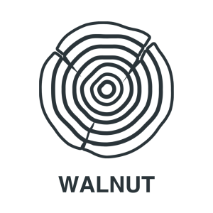 Black and white line drawing of a cross-section of a tree trunk with concentric rings, labeled "WALNUT" below the image.