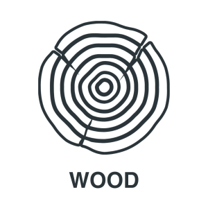 A black and white line drawing of a tree stump cross-section with visible growth rings, labeled "WOOD" underneath.