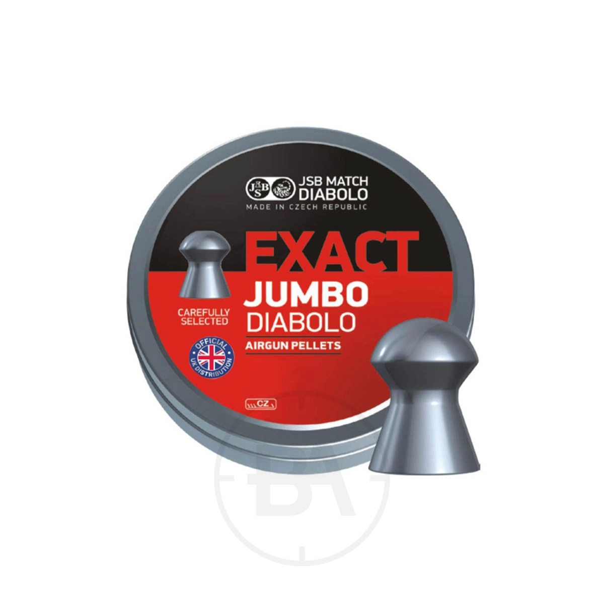 JSB Exact Jumbo Diabolo .22 Pellets 15.8gr 5.51mm (x250) 1 A round tin labelled "JSB Exact Jumbo Diabolo .22 Pellets 15.8gr 5.50mm (x250)" in red, black, and silver sits beside a silver airgun pellet. The tin features additional small text.
