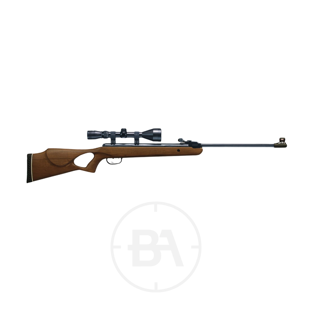 Milbro Supergrade XS19 Spring Air Rifle 2 A Milbro Supergrade XS19 Spring Air Rifle featuring a wooden stock, thumbhole grip, mounted scope, and long barrel, displayed on a white background.