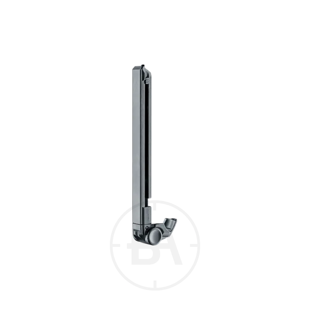 Umarex Legends P08 Luger 21 Round BB Magazine 1 A vertical metallic hinge with a cylindrical joint and adjustable knob, resembling a part from the Umarex Legends P08 Luger 21 Round BB Magazine, isolated on white.