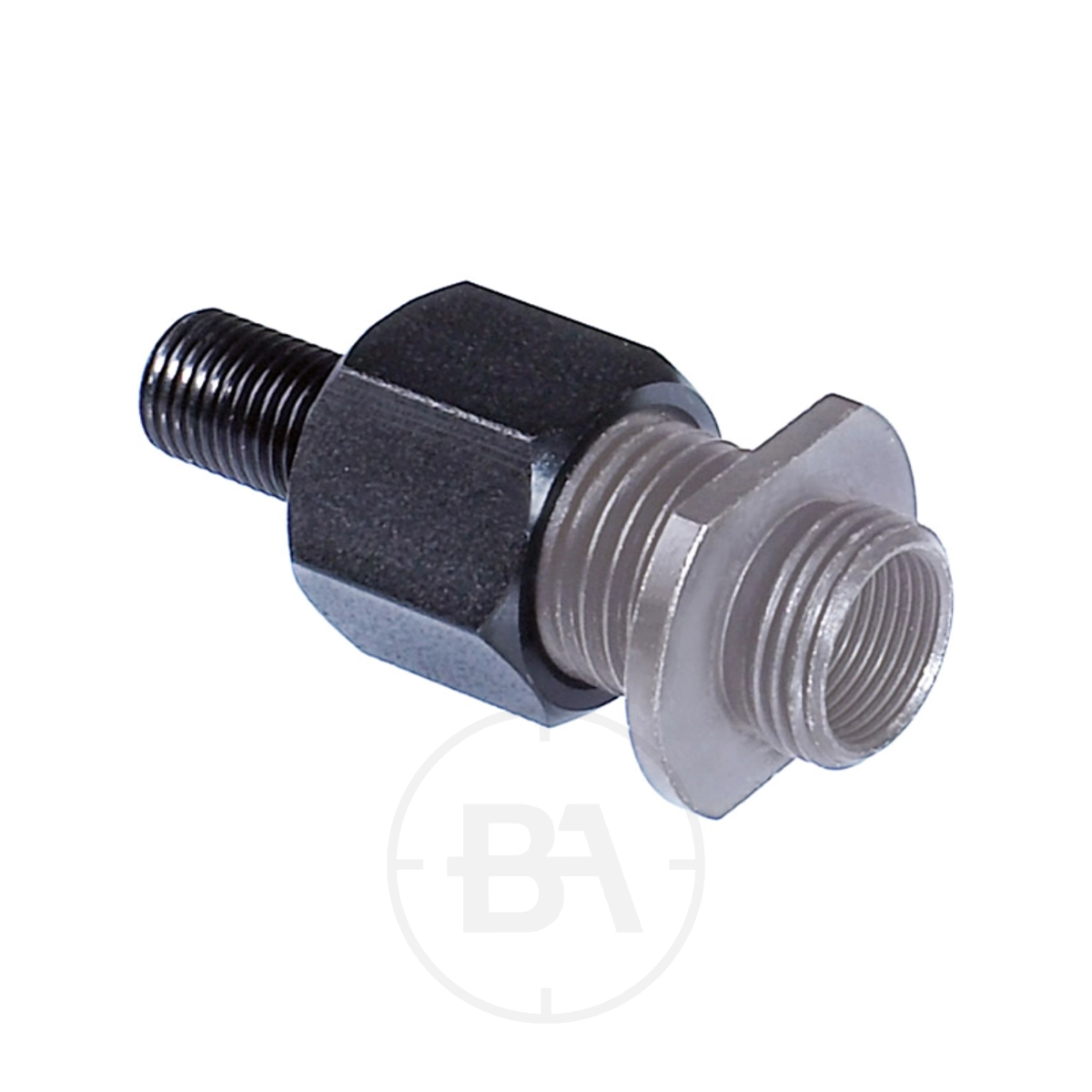 Gehmann PH999 Thread Adaptor For Irises 1 Close-up of the Gehmann PH999 Thread Adaptor For Irises, featuring a black hexagonal section and silver threading—designed for connecting different-sized iris fittings and other precision accessories.