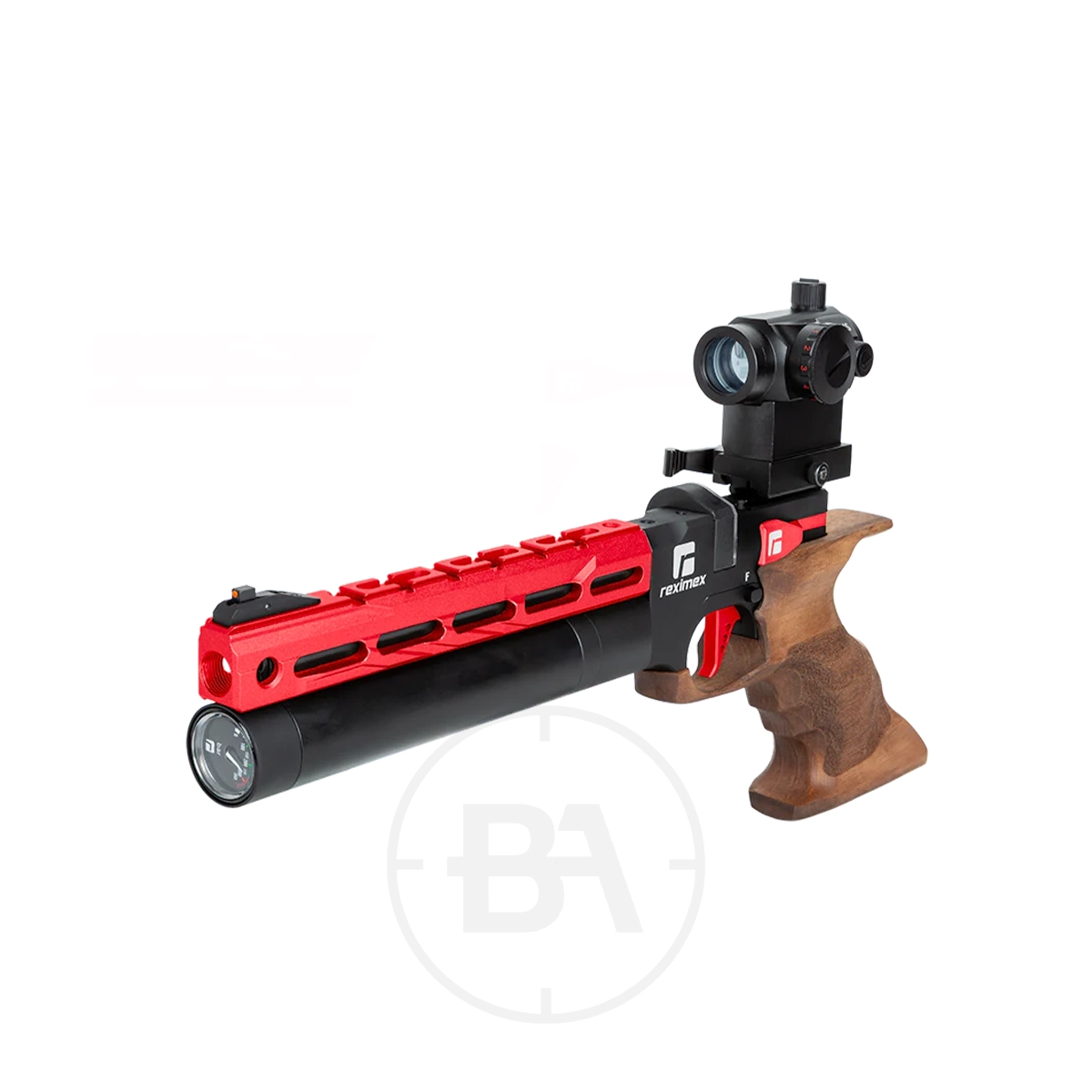 Reximex Mito Race Regulated PCP Pistol 15 A regulated Reximex Mito PCP pistol with a red barrel, black pressure tube, wooden ergonomic grip, and mounted optical sight, displayed on a white background.