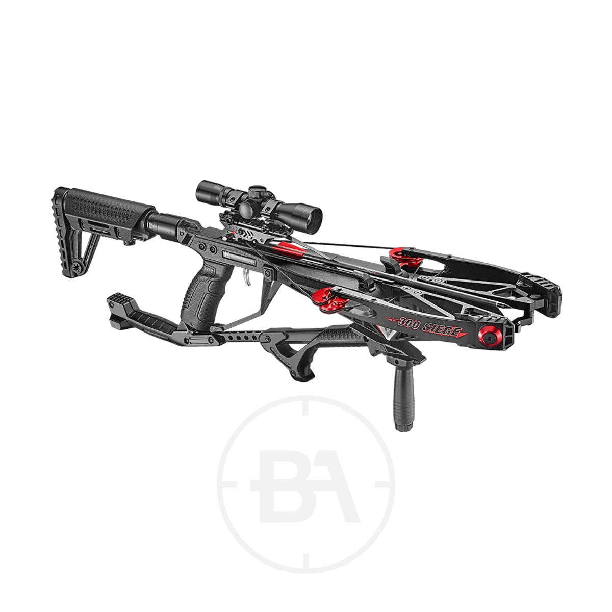 EK Archery Seige Compound Crossbow Package With Scope 11 The EK Archery Seige Compound Crossbow Package With Red Dot features a modern black design with an adjustable stock and red accents, shown against a white background.