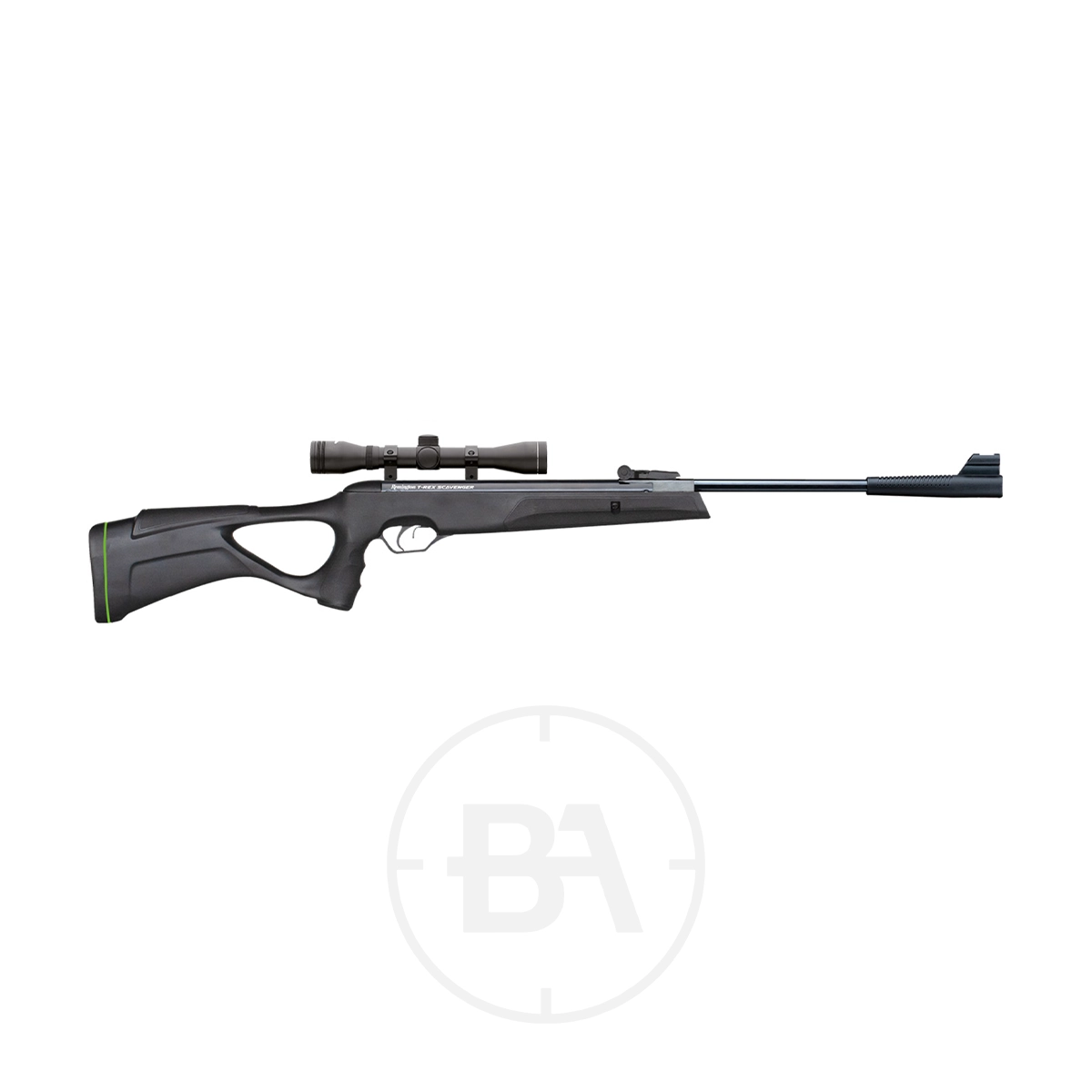 Remington T-Rex Scavenger Gas Ram Air Rifle With Scope 1 The Remington T-Rex Scavenger Gas Ram Air Rifle with scope features a modern ergonomic black stock with a cut-out for better grip, and a long barrel. Displayed on a white background.