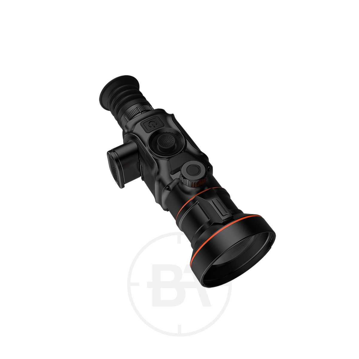 ThermTec Vidar 360 2.0 Thermal lmaging Rifle Scope 1 The ThermTec Vidar 360 2.0 Thermal Imaging Rifle Scope features control buttons, an eyepiece, and striking red accents around the lens.