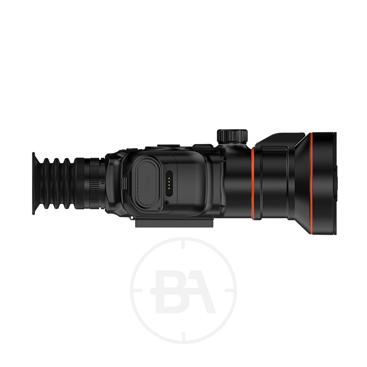 ThermTec Vidar 360 2.0 Thermal lmaging Rifle Scope 3 A side view of the ThermTec Vidar 360 2.0 Thermal Imaging Rifle Scope in black, featuring a rubber eyepiece, control buttons, and an orange accent ring near the lens—perfect for use with a rifle.