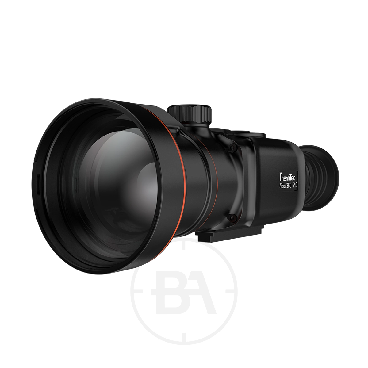 ThermTec Vidar 360 2.0 Thermal lmaging Rifle Scope 5 Black ThermTec Vidar 360 2.0 thermal imaging rifle scope with a large front lens, top adjustment dial, and side model marking, shown from a slight angle.
