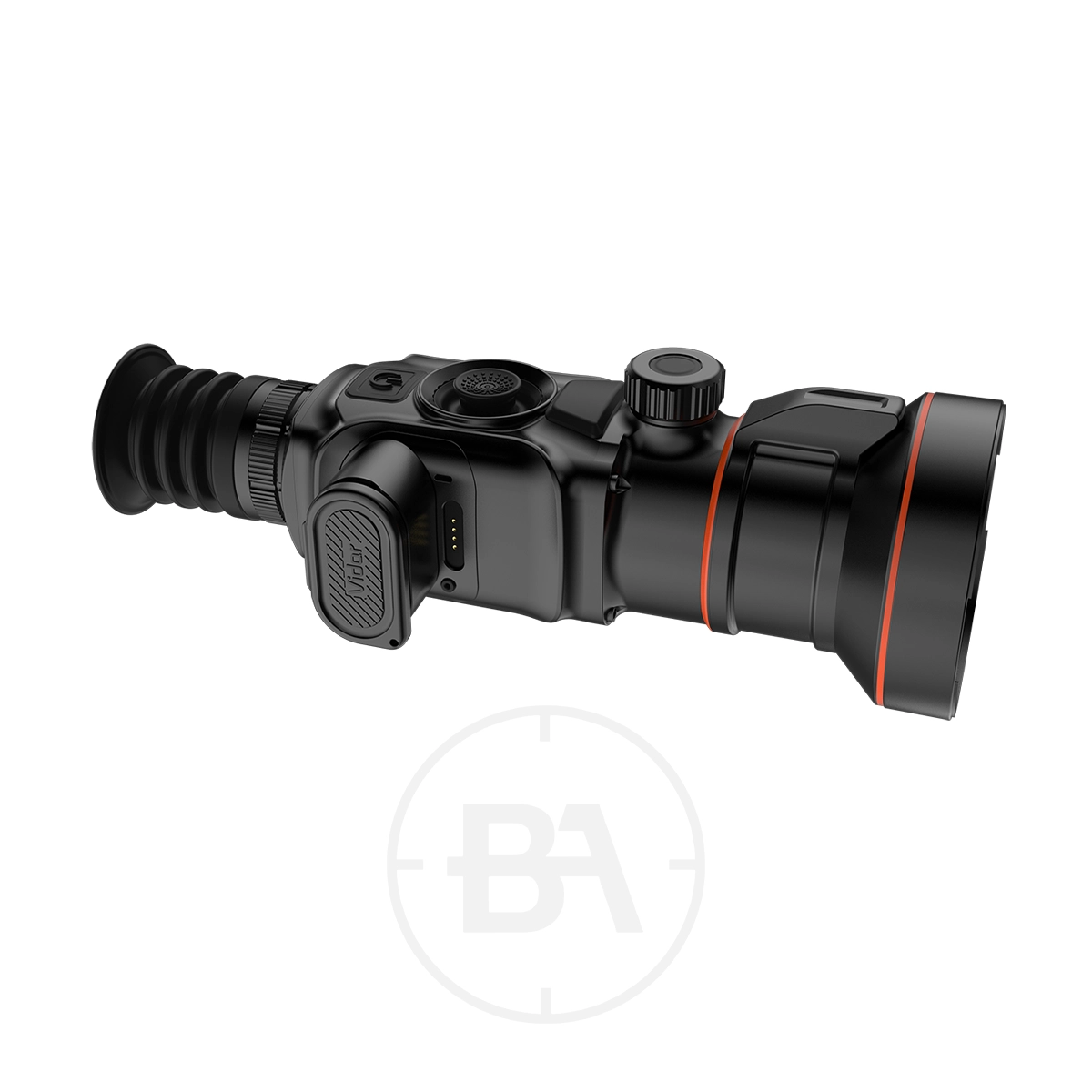 ThermTec Vidar 360 2.0 Thermal lmaging Rifle Scope 7 The ThermTec Vidar 360 2.0 Thermal Imaging Rifle Scope has adjustment dials, a rubber eyepiece, and a red accent ring—blending advanced thermal imaging with sleek design—shown against a white background.