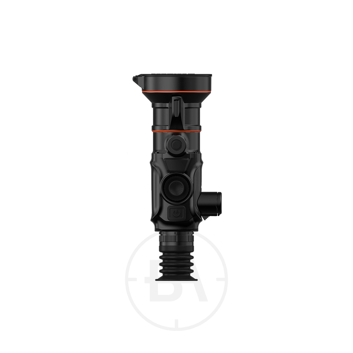 ThermTec Vidar 360 2.0 Thermal lmaging Rifle Scope 9 Black and red industrial valve component with ribbed connector, side port, and circular top; engineered with precision similar to the ThermTec Vidar 360 2.0 Thermal Imaging Rifle Scope.