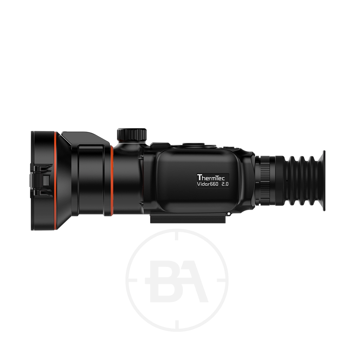 ThermTec 660 2.0 Thermal lmaging Rifle Scope 7 Side view of a ThermTec 660 2.0 Thermal Imaging Rifle Scope in black with orange accents, displayed against a white background.
