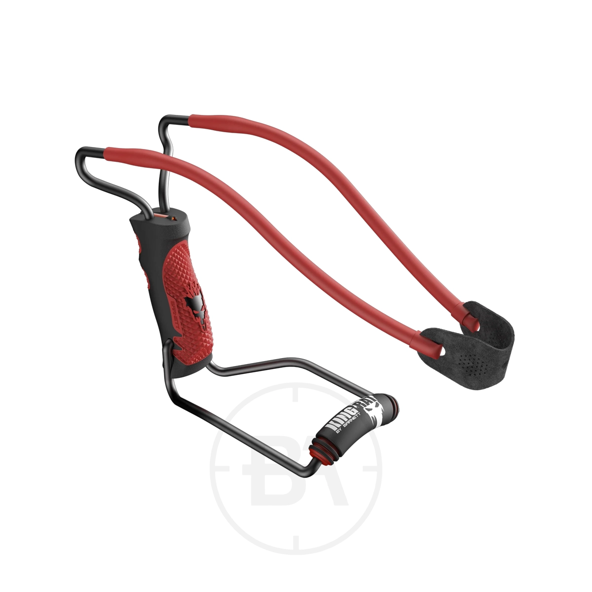 Barnett King Rat Black Widow Slingshot Catapult 3 The Barnett Black Widow Slingshot Catapult features a sleek black and red handle, red bands, and a black pouch—ideal for precision launching in the style of a classic catapult.